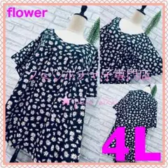 ＊大きいサイズ4L＊ブラック×flower ギャザー切替 体型カバー チュニック