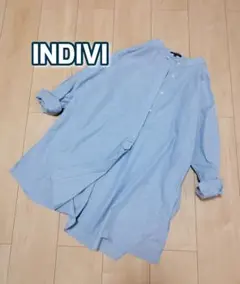 INDIVI バンドカラーブラウス 　ストライプ　チュニック　青　オーバーサイズのサムネイル