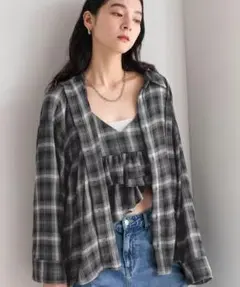 新品 LOWRYS FARM オンブレチェックシャツ チャコールグレー フリー