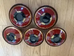 送料込　漆器　沈金　蒔絵　赤と金の花模様の蓋つき煮物椀　5個セット 送料込 漆器 沈金 蒔絵 赤と金の花模様の蓋つき煮物椀 5個セット