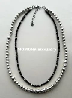 ビーズネックレス　2連　シルバー　ブラック　ステンレス