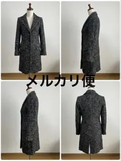 【美品・ウール80%】細身NINE ナイン ツイード ロングコート 白黒