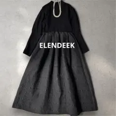 ELENDEEK エレンディーク 異素材 ジャガード ワンピース 黒 長袖