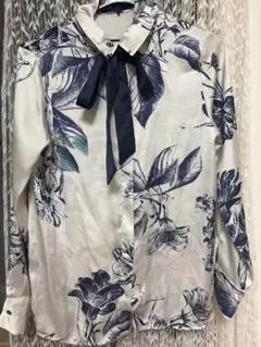 ZARA 花柄ボウタイブラウス 長袖 きれいめ 上品 リボン オフィス
