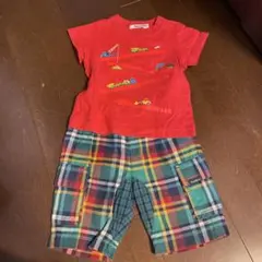 familiar トラックプリント Tシャツとチェックパンツ 80cm