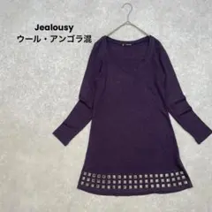 【Jealousy】長袖　スタッズ付き　ニットチュニック　パープル　アンゴラ混