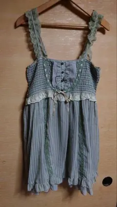 [axes]緑色ストライプ ノースリーブ ミニワンピース