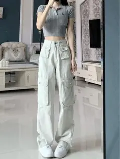 【新品未使用】ホワイト カーゴ ジーンズ ストリート系 おしゃれ