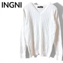 【イングINGNI】Vネックリブニット　セーター　薄手　シンプル　ホワイト　M