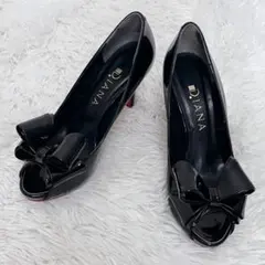 【美品】DIANA パンプス 23.5cm 黒 エナメル リボン レッドソール