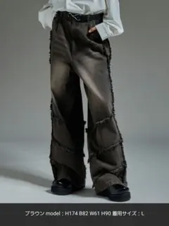 ルーズシルエットフリンジサイドジップデザインワイドフレア/バルーンデニムパンツ
