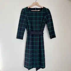 【美品】ワンピース チェック　ひざ丈　グリーン　リボン　上品　フォーマル
