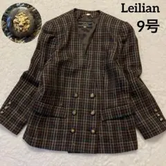【高級】Leilianツイードノーカラージャケット　　金ボタン　ダブル　毛100