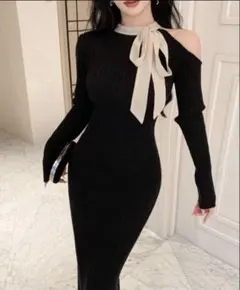 shein dazyオフショルダーリボン付きブラックロングワンピース スナイデル