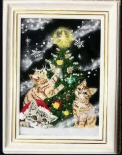 ハンドメイド刺繍フレーム　クリスマスツリーとニャンズ