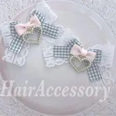 ヘアクリップ（ショートケーキ　グレーチェック♡ぴんく）ロリィタ　サブカル　ヘアメ