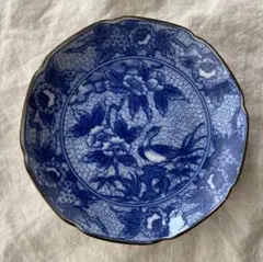 有田焼　赤塚　小皿　直径11.5cm　鳥と花柄　ネイビー　藍　1枚　金継ぎ練習のサムネイル