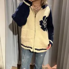 平成00saipaカウチンニットジップアップ肉厚ハイビスカスy2kギャルサーフ系