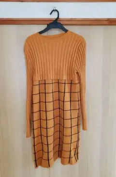 オレンジ/ブラウン チェック柄 ニットワンピース 長袖