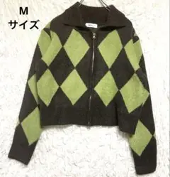 ブラウンとライムグリーンのダブルジッパーカーデイガン／Mサイズ