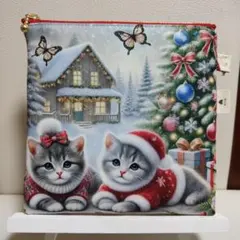 フラットポーチ ハンドメイド 猫柄 夢みる子猫のおやすみルームC 両面
