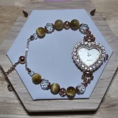 ハート型ストーン装飾ローズゴールド タイガーアイ腕時計