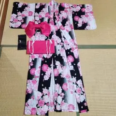 【極美品/140】しまむら 女の子 浴衣 2点セット 映える黒×濃いピンク