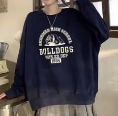 新品 ロングTシャツ スウェット トレーナー オーバーサイズ 韓国 ネイビー L