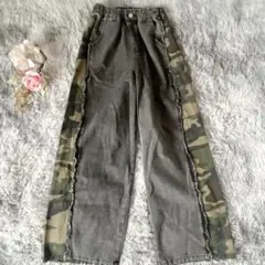 サイド迷彩切替 ワイド デニムパンツ グレー カモフラ フリンジ ストリート