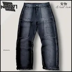 Y2K ルーズストレート フリンジライン ストリートブラックデニム グランジ L