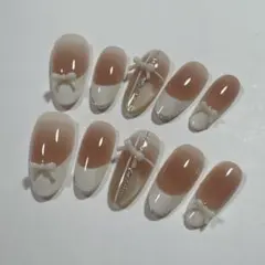 大人可愛いリボン付きフレンチネイルチップ10個セット