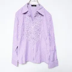 Leilian レリアン ストライプ シャツ フリル ブラウス 紫 レディース