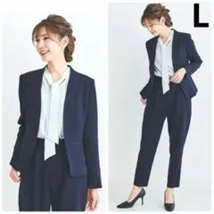 新品 ドレスラボ 3点セット ノーカラースーツ ネイビー L