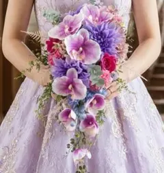 パープルのキャスケードブーケ　ブートニア付き　アーティフィシャルフラワー造花