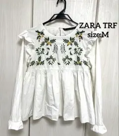 【M】ZARA トラファ　花柄刺繍　長袖ブラウス　ふんわり袖　フリル袖