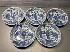 【真　作】江戸後期、柿右衛門様式、濁手『色絵金彩美人梅草花文菊割中鉢』5客 真作】江戸後期、柿右衛門様式、濁手、『色絵 金彩、美人・梅・草花文