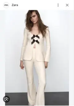 Zara リボン付きジャケット風トップス　 M-Lサイズ 生成りエクリュ