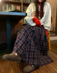 チェック柄 カジュアル ミドル丈 ゆったり Aラインスカート ロングスカート