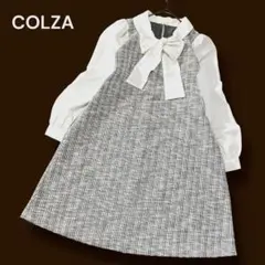 コルザ ボウタイリボン ツイードワンピース レイヤード風 膝丈 白黒 ガーリー