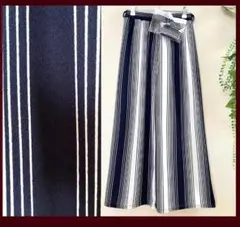 新品 涼しいランダムストライプ ロングガウチョパンツロングワイドパンツ紺白ML