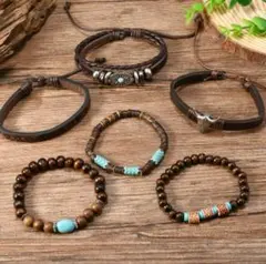 ターコイズ ブレスレット 6連 ヴィンテージ アクセサリー ウッドレザー風