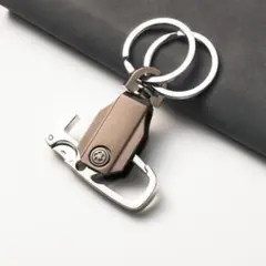 カラビナ付きキーリング 多機能 黒 キーホルダー 車 二重リング シルバー