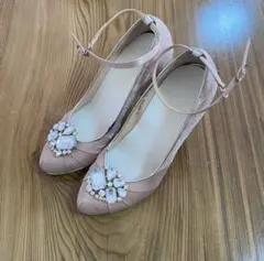 結婚式 フォーマル パンプス 24.5cm ビジュー付きピンクサテンハイヒール