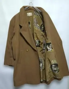 ゆったりサイズ　ブラウン ダブルブレストコート　日本製　カシミヤ混　レトロ