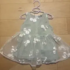ミントグリーン 花柄刺繍 ベビーワンピース