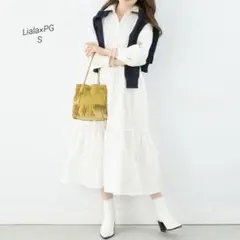 Liala×PG ワンピース シャツ襟 ティアード 長袖 ホワイト Ｓ 上品のサムネイル