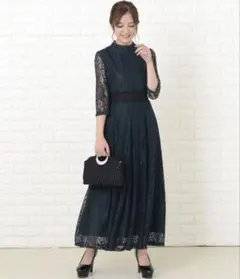 総レース ワンピース ダークグリーン 七分袖 ミモレ丈 上品 フォーマル