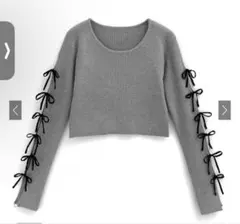 リボン付きグレー長袖ニット