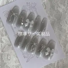 【ネイルチップ現品】チーク韓国ワンホンy2kバレリーナ桜リボングレーシルバー灰色