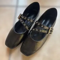 ブラック パンプス ダブルストラップ　フラット